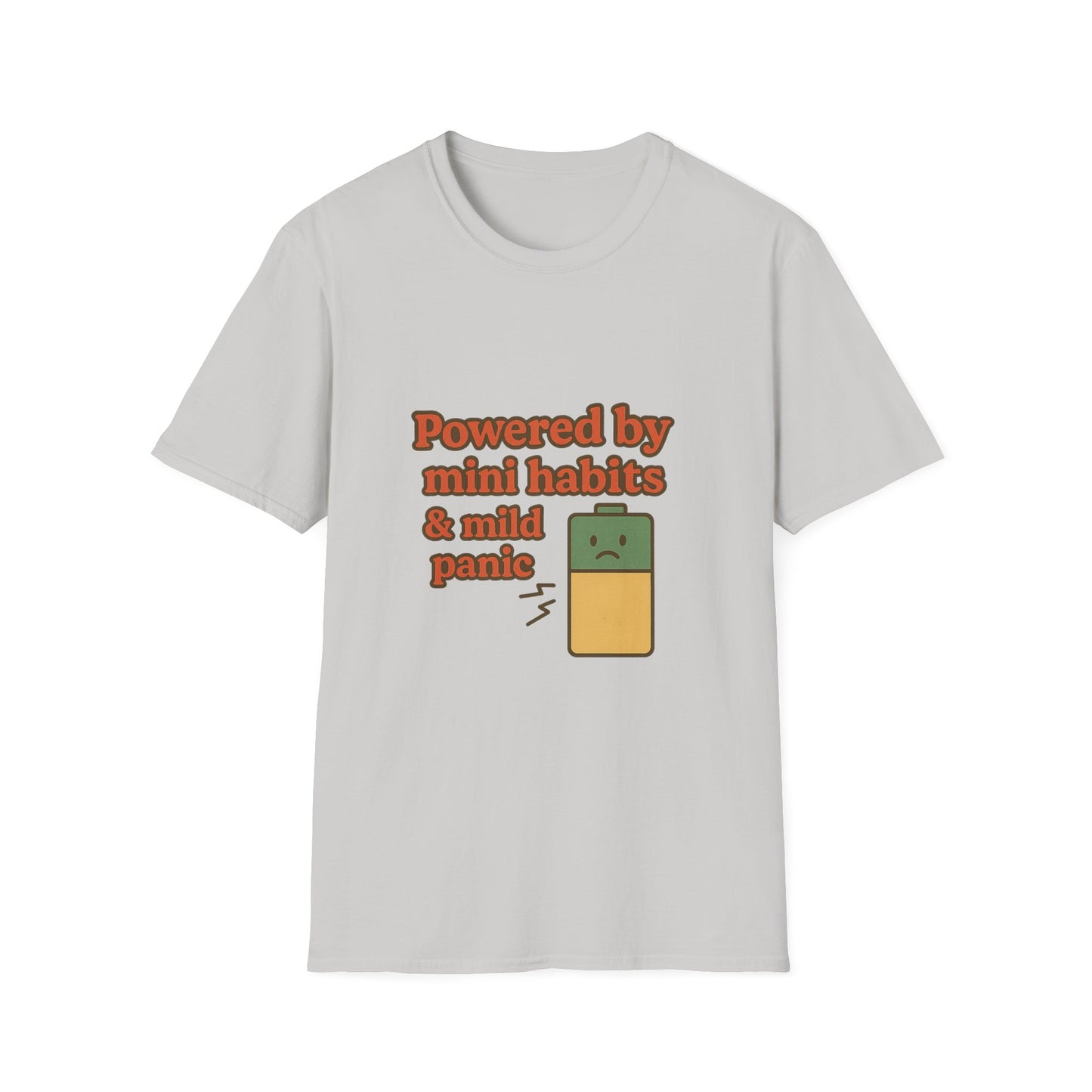 Funny Motivational Unisex Softstyle T-Shirt - "Powered by Mini Habits & Mild Panic"