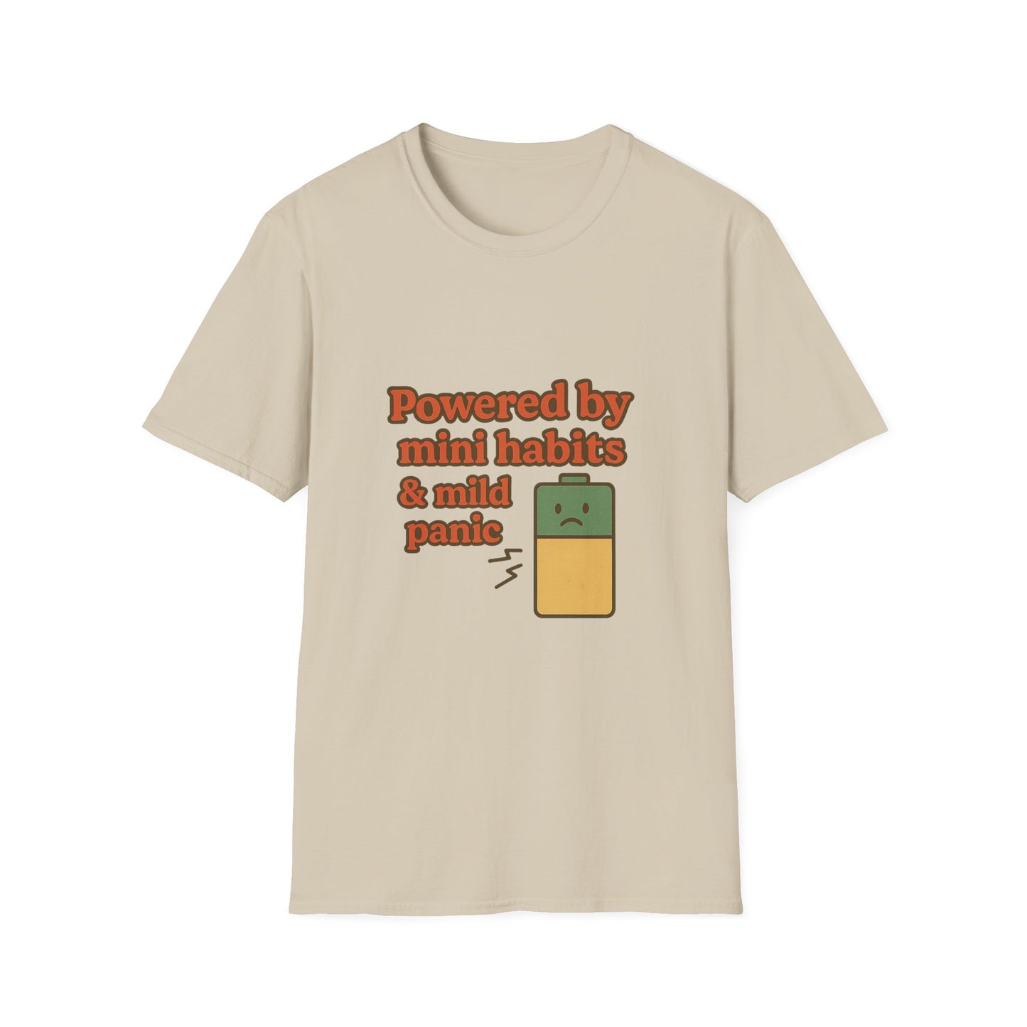 Funny Motivational Unisex Softstyle T-Shirt - "Powered by Mini Habits & Mild Panic"