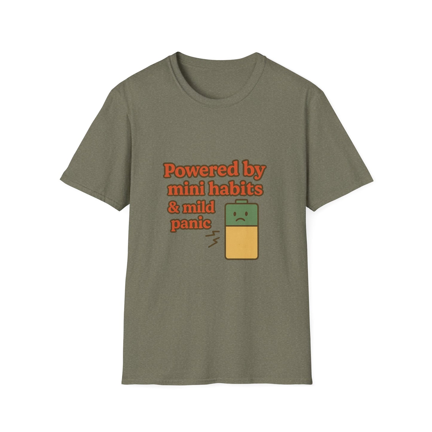 Funny Motivational Unisex Softstyle T-Shirt - "Powered by Mini Habits & Mild Panic"
