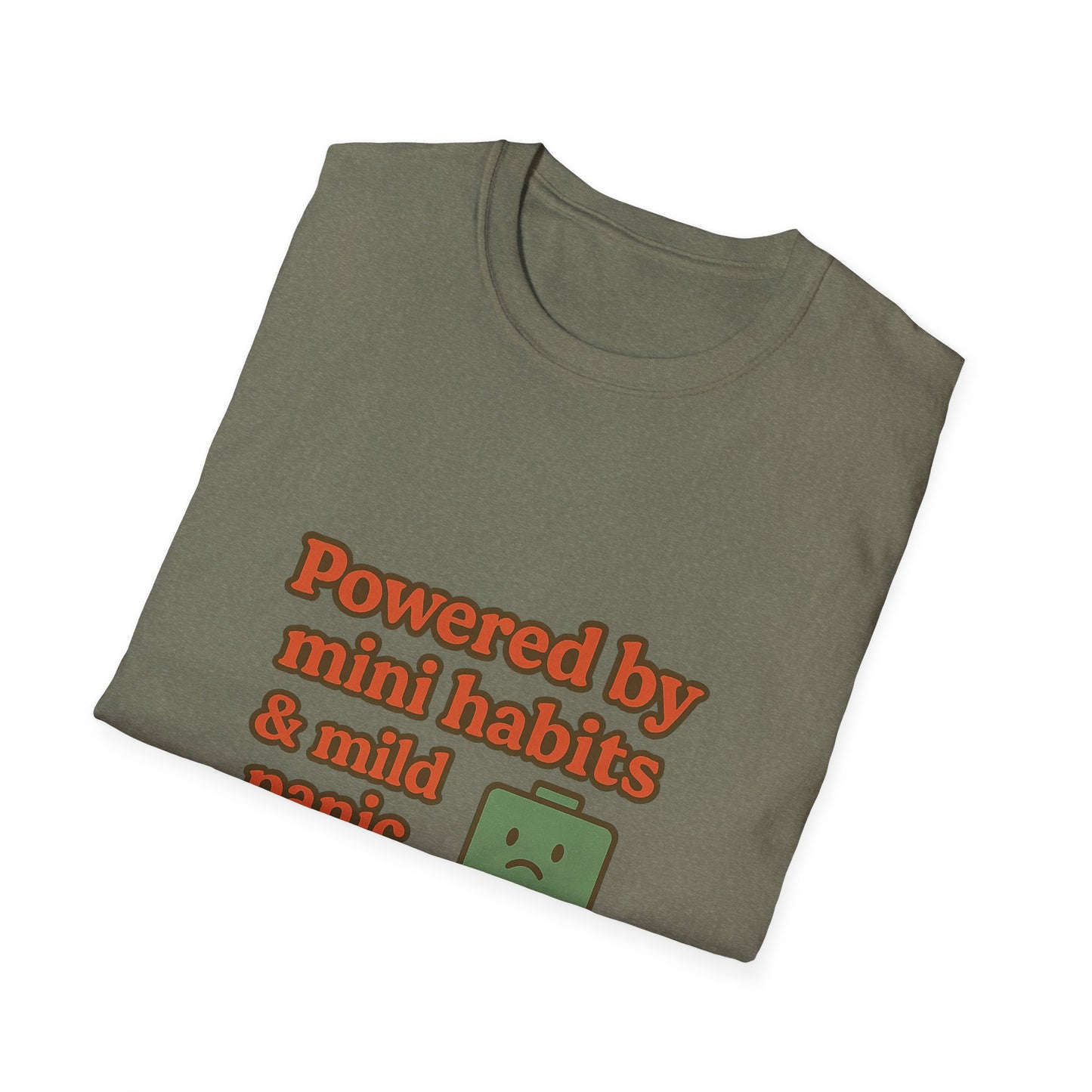 Funny Motivational Unisex Softstyle T-Shirt - "Powered by Mini Habits & Mild Panic"