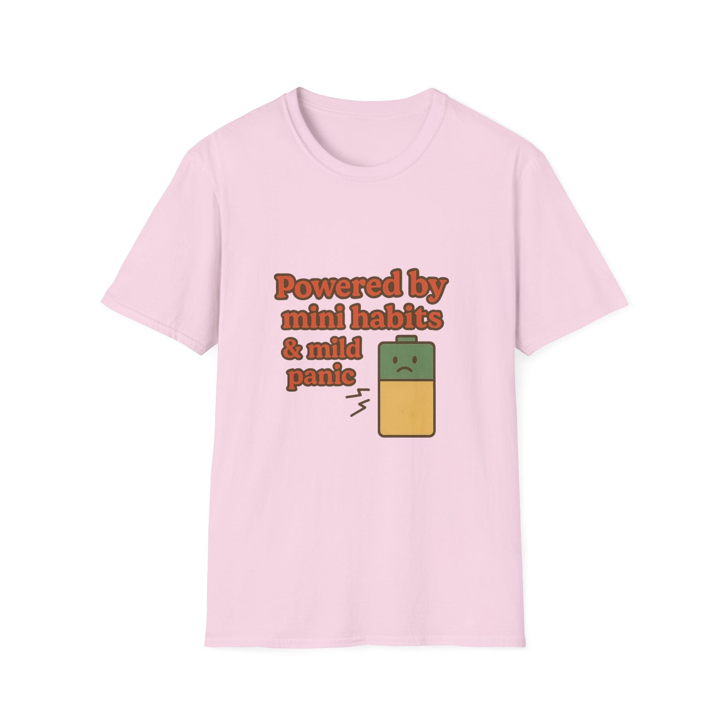 Funny Motivational Unisex Softstyle T-Shirt - "Powered by Mini Habits & Mild Panic"