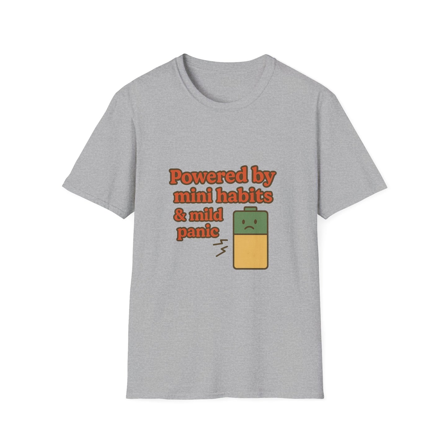 Funny Motivational Unisex Softstyle T-Shirt - "Powered by Mini Habits & Mild Panic"