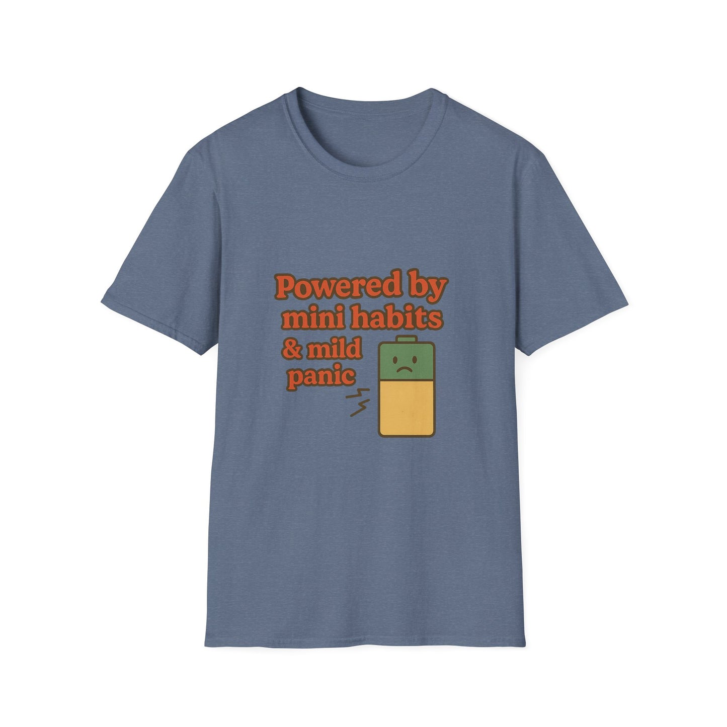 Funny Motivational Unisex Softstyle T-Shirt - "Powered by Mini Habits & Mild Panic"